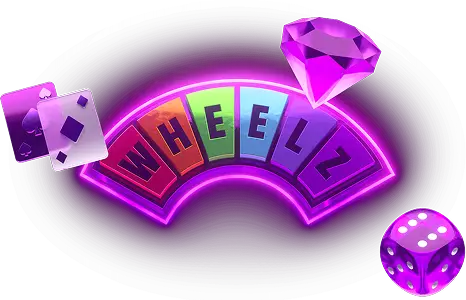 Wheelz Casino neon wheel sign with cards, a gem and a die